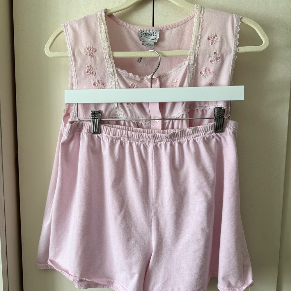 Vintage CottageCore Pajama Set Pink Embroidered Lace Bow Ribbon Coquette - Picture 3 of 8